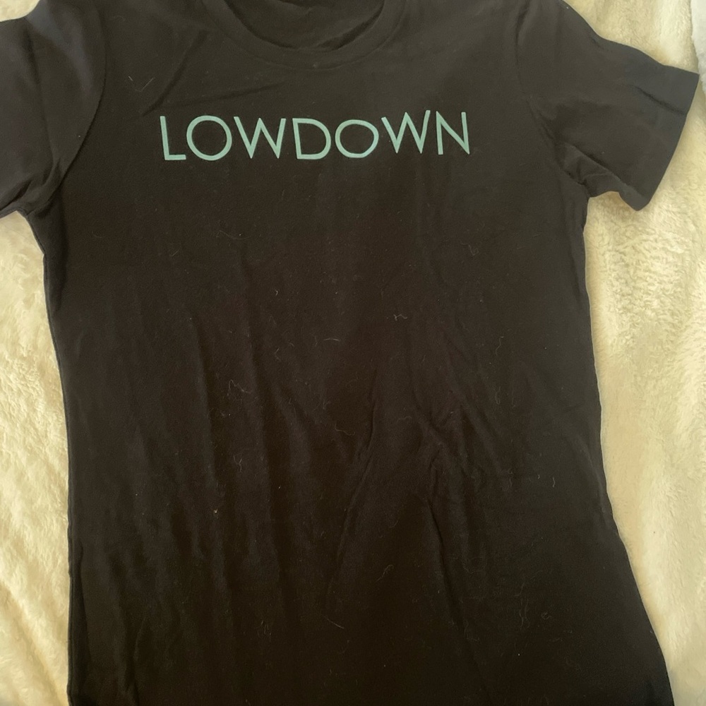 Black T-Shirt with Blue 'LOWDOWN' Print